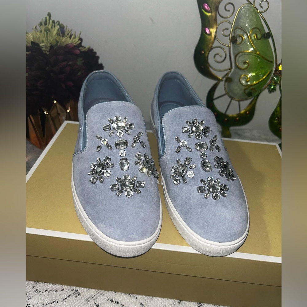 MICHAEL KORS Pale Blue Keaton Embellished Suede Leather Slip-On Sneaker - Picture 6 of 13